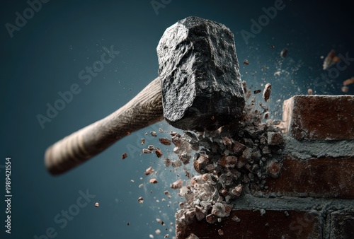 A sledgehammer hitting a brick wall with force resulting in debris scattering