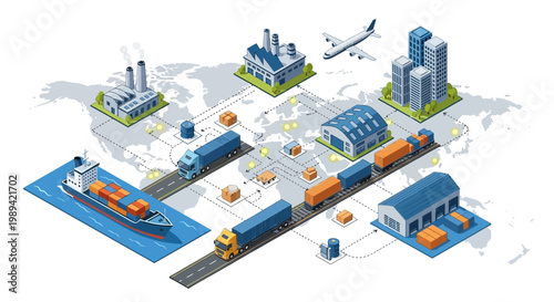Photos Global Logistics Network: Ships, Trucks, Planes, Warehouses, Factories, City Bui
