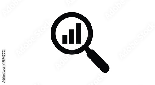 A magnifying glass focuses on a bar graph representing data analysis silhouette
