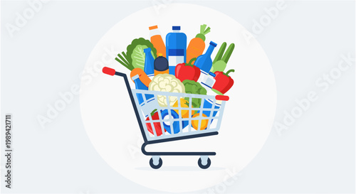 Colorful grocery cart filled with fresh produce and products in flat illustration style with vibrant colors and simple shapes for e commerce