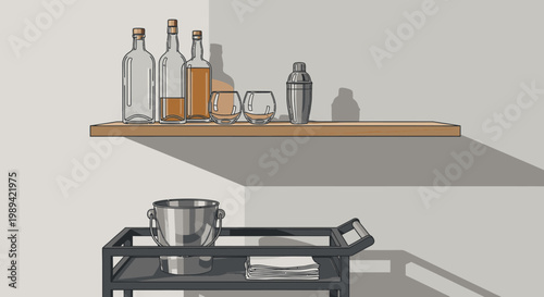 Minimalist Home Bar Setup Vector Illustration. Flat design, clean lines with liquor bottles, cocktail shaker, glasses, ice bucket.