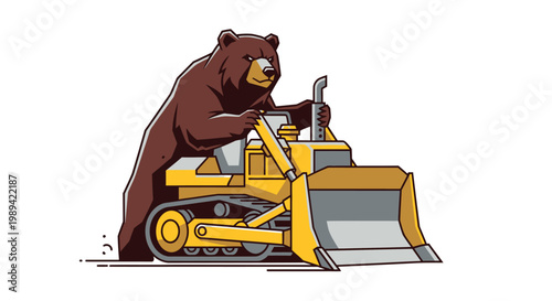 Powerful Brown Bear Operating a Yellow Bulldozer, Diligently Clearing Ground for Construction Projects and Earthmoving Tasks