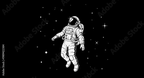 Floating astronaut in deep space surrounded by stars, black and white cosmic exploration, universe illustration