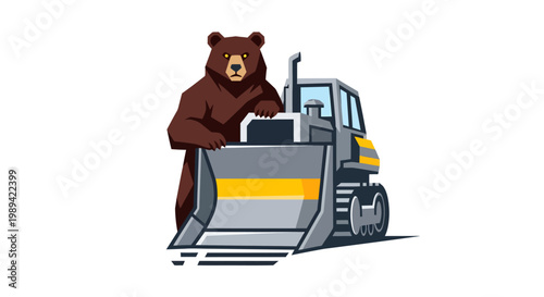 Mighty brown bear skillfully operating a heavy-duty bulldozer, a powerful and unique vector illustration symbolizing strength, construction, and determination