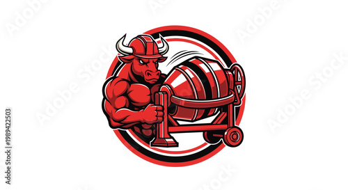 Muscular Red Bull Mascot Operating a Concrete Mixer in a Dynamic Construction-Themed Vector Illustration Logo Design