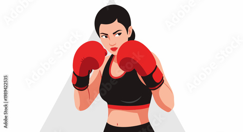 Determined woman in boxing stance, wearing red gloves and sports bra, looking intensely