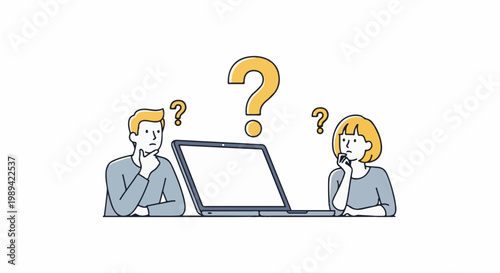 Two people contemplating a laptop with question marks above their heads