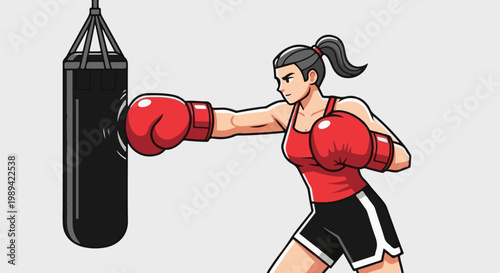 Animated woman in red tank top and shorts punches a boxing bag