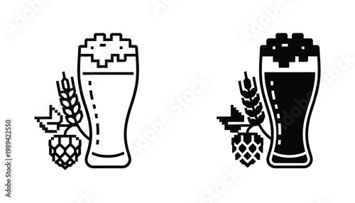 Beer Glass Hops Wheat Icon Pixel Art Brewing Industry Graphic Design Element