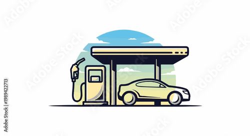 Car fueling at a gas station with a sky background