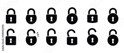 Black padlock icon set with 12 vector elements, locked and unlocked security padlocks, flat silhouette lock symbols for web safety and data protection
