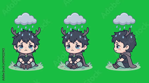 Sad Cartoon Character with Antlers Under Rain Cloud