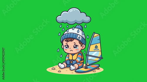 Sad Cartoon Boy with Windsurf in the Rain
