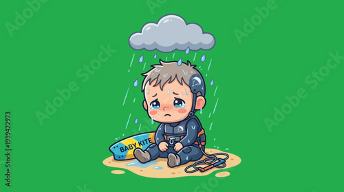 Sad Cartoon Scuba Diver Sitting in the Rain