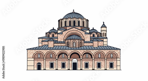 Detailed illustration of a large, domed building with multiple smaller domes