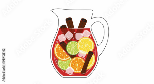 Festive pitcher brimming with sliced citrus, cinnamon sticks, and ice cubes