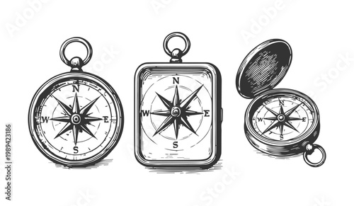 Compass grunge sketch set, hand drawn engraved illustration collection.