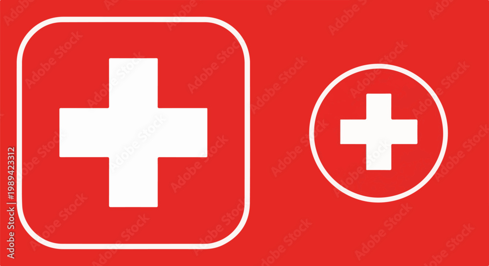 Obraz premium Two white crosses on a red background, one in a rounded square, one in a circle