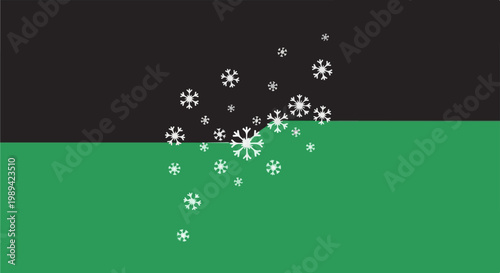 A scattering of white snowflakes falls against a stark black and vibrant green backdrop