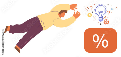 Innovation, problem solving, motivation, brainstorming, financial planning, creative thinking. A person extending arms toward a lightbulb surrounded by gears. Innovation and problem solving concept