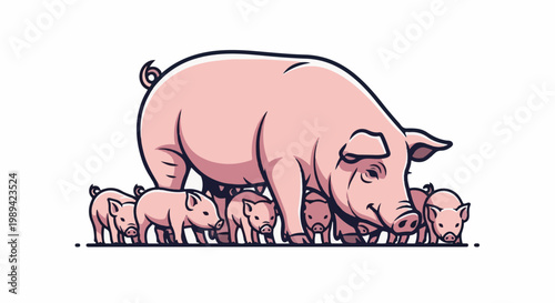 A mother pig shelters a group of piglets, all rendered in a cartoonish style