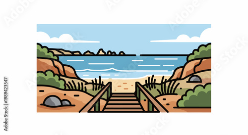 Pathway to a serene beach with gentle waves and distant islands