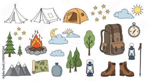 Camping Gear and Nature Elements Hand Drawn Collection