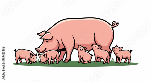 A mother pig and her piglets on green grass