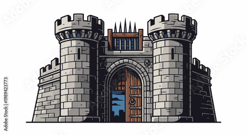 A stylized, pixelated stone castle gatehouse with two round towers and a portcullis