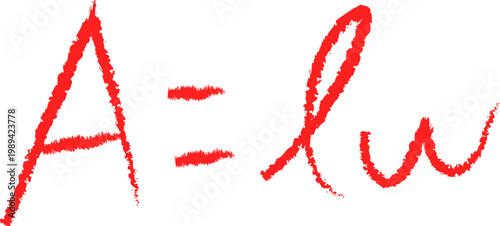 Red Hand-Drawn Math Formula A=lw for Calculating Rectangle Area Isolated on White Background