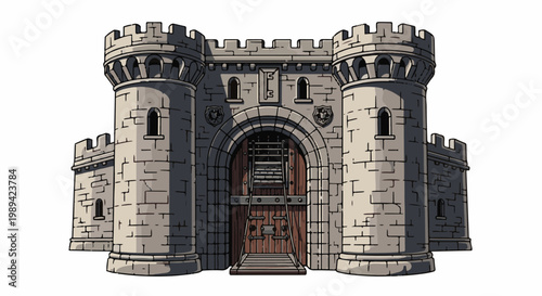 Ornate stone fortress with drawbridge and flanking towers