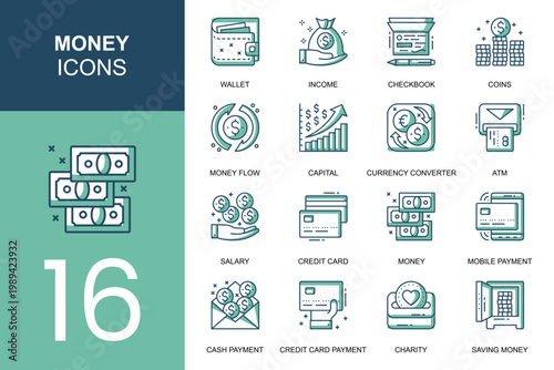 Set of 16 money icons for finance and banking online services.