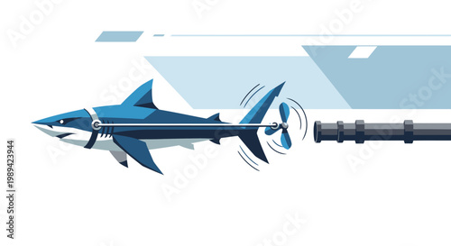 Dynamic vector illustration of a powerful mechanical shark, featuring a propeller propulsion system, symbolizing speed, innovation, and cutting-edge aquatic engineering concept