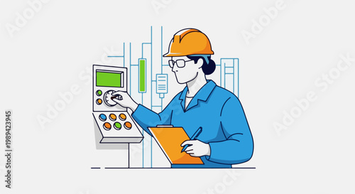 Factory worker adjusts controls on a panel while holding a clipboard
