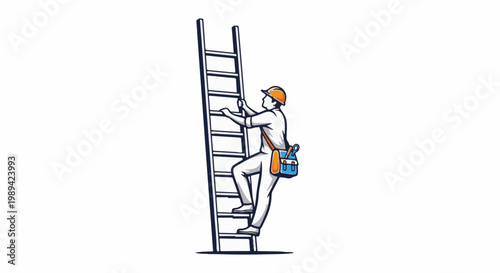 Cartoonist depicts a worker in a hard hat climbing a ladder