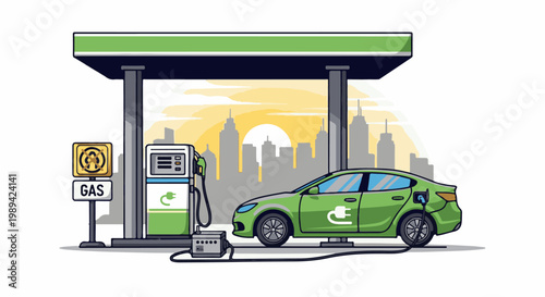 Green electric car charging at a gas station with city skyline background