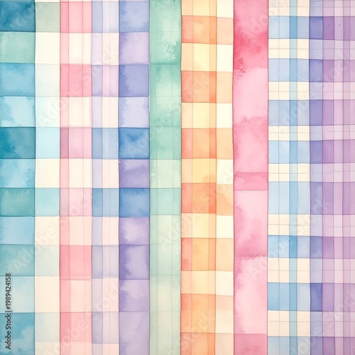 Abstract Geometric Grid Watercolor Painting With Colorful Pastel Squares And Hand Painted Texture In Blue Pink Purple And Orange Tones