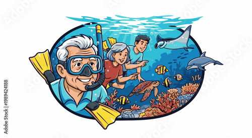 Divers explore vibrant coral reef with diverse marine life and sunlit waters