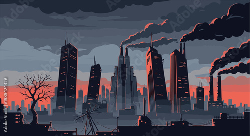 Pixel art cityscape with smokestacks at dusk under a cloudy sky
