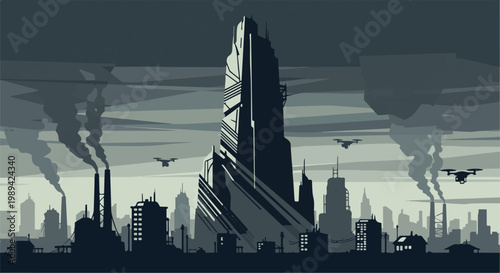 Futuristic industrial cityscape with pollution, drones, and a tall skyscraper