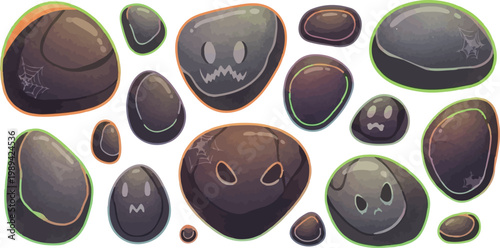 Cartoon stone monsters and spooky pebble characters set, 15 dark rock creature icons with glowing eyes, halloween rock sprites for game design and mobile app interface