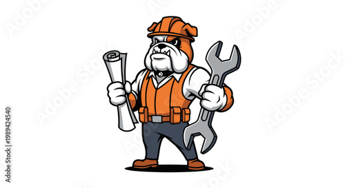 Vibrant vector illustration of a tough bulldog mechanic mascot, ready for action with blueprints and a wrench, symbolizing skilled construction and dependable repair work