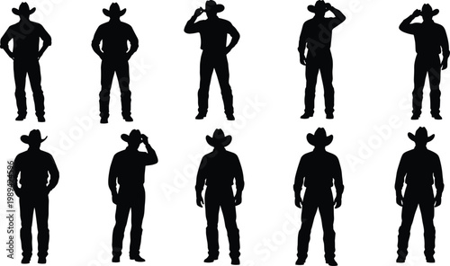 Collection of black silhouettes featuring various cowboys standing in different poses wearing cowboy hats isolated on a clean white background for western themed design