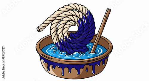 A rope is dipped into a bowl of blue liquid with a stick