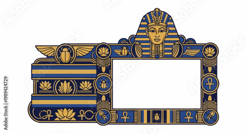 Ornate ancient frame featuring pharaoh, scarabs, lotuses, and ankhs