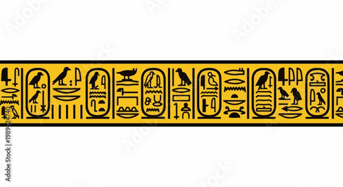 A decorative band features ancient Egyptian hieroglyphs in black on a yellow background