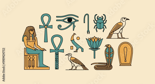 Ancient Egyptian symbols and figures with an archaic color palette