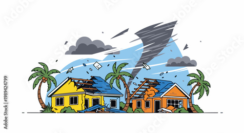 Homes destroyed by a powerful tornado and stormy weather