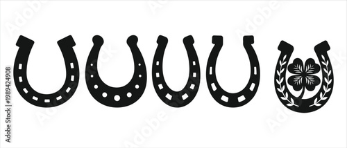 Lucky horseshoe vector set, black silhouette horse shoe icons with four leaf clover, traditional good luck charms for equestrian and western design