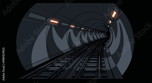 Perspective view down a dimly lit, curved subway tunnel with tracks